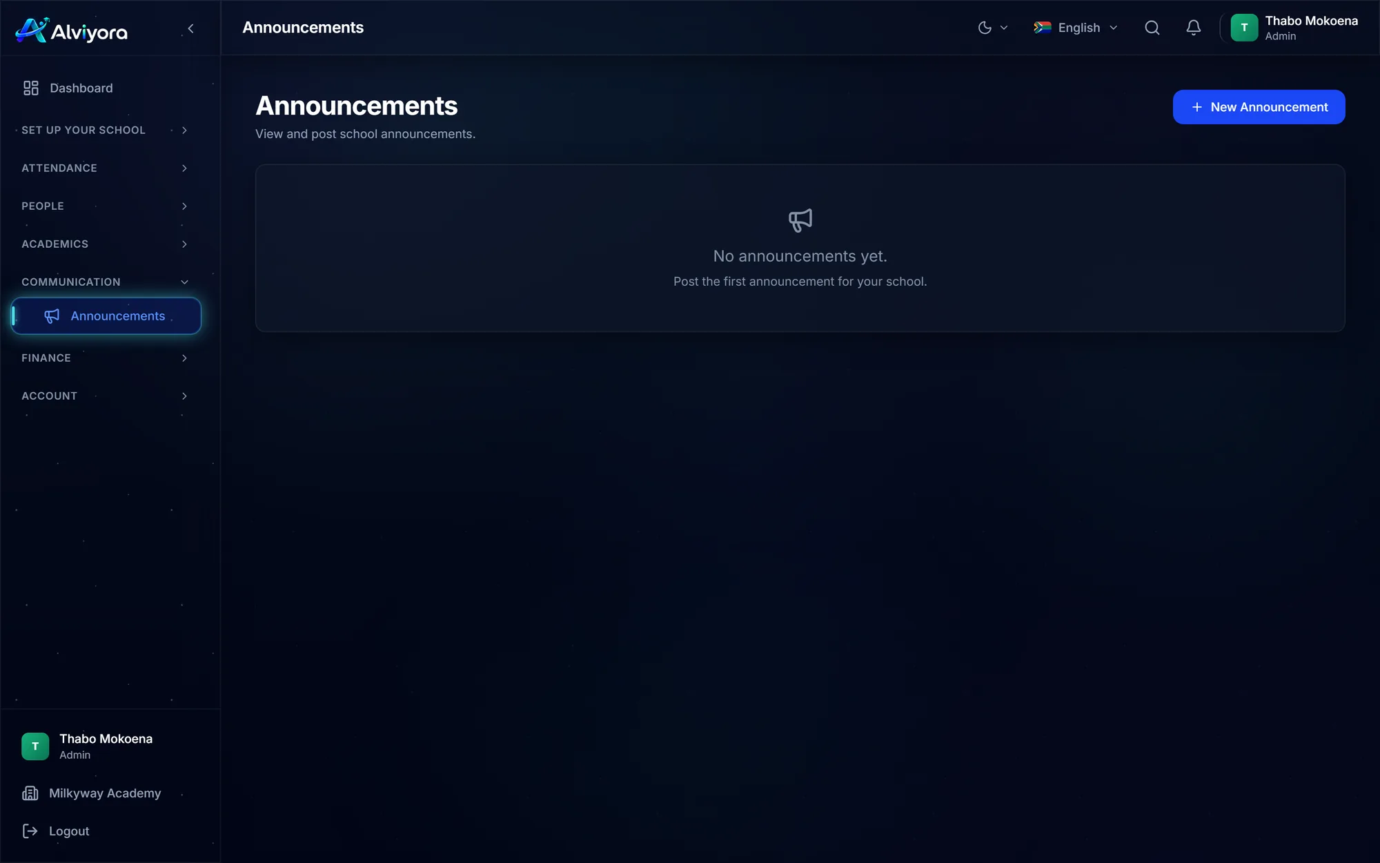 The Announcements screen with a New Announcement button and an empty state reading No announcements yet