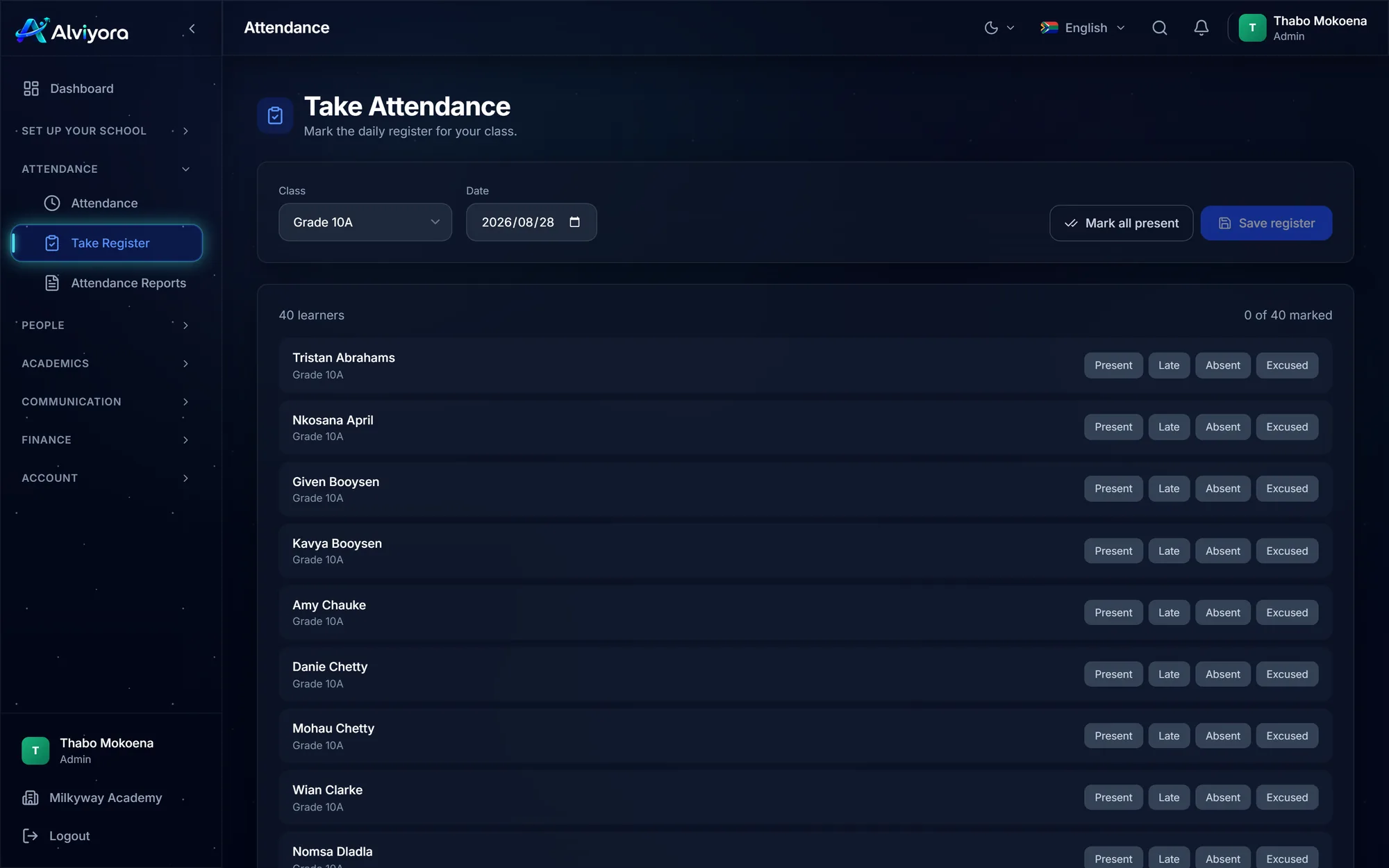 The Take Attendance screen: a class picker set to Grade 10A, a date, Mark all present and Save register buttons, and a list of 40 learners each with Present, Late, Absent and Excused buttons