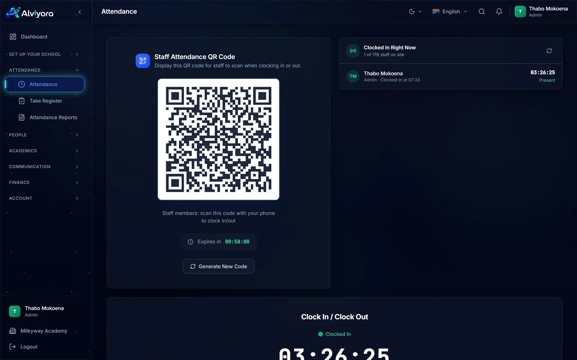 The staff attendance page in dark mode, showing the rotating QR code with an expiry countdown and a live list of staff currently on site