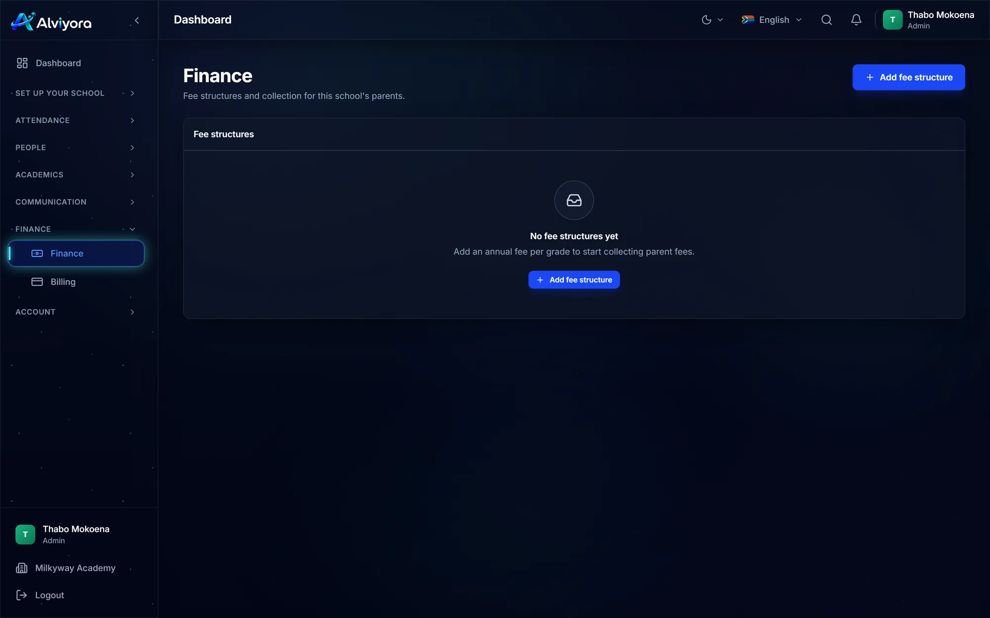 The Finance screen with an Add fee structure button and an empty state reading No fee structures yet — add an annual fee per grade to start collecting parent fees