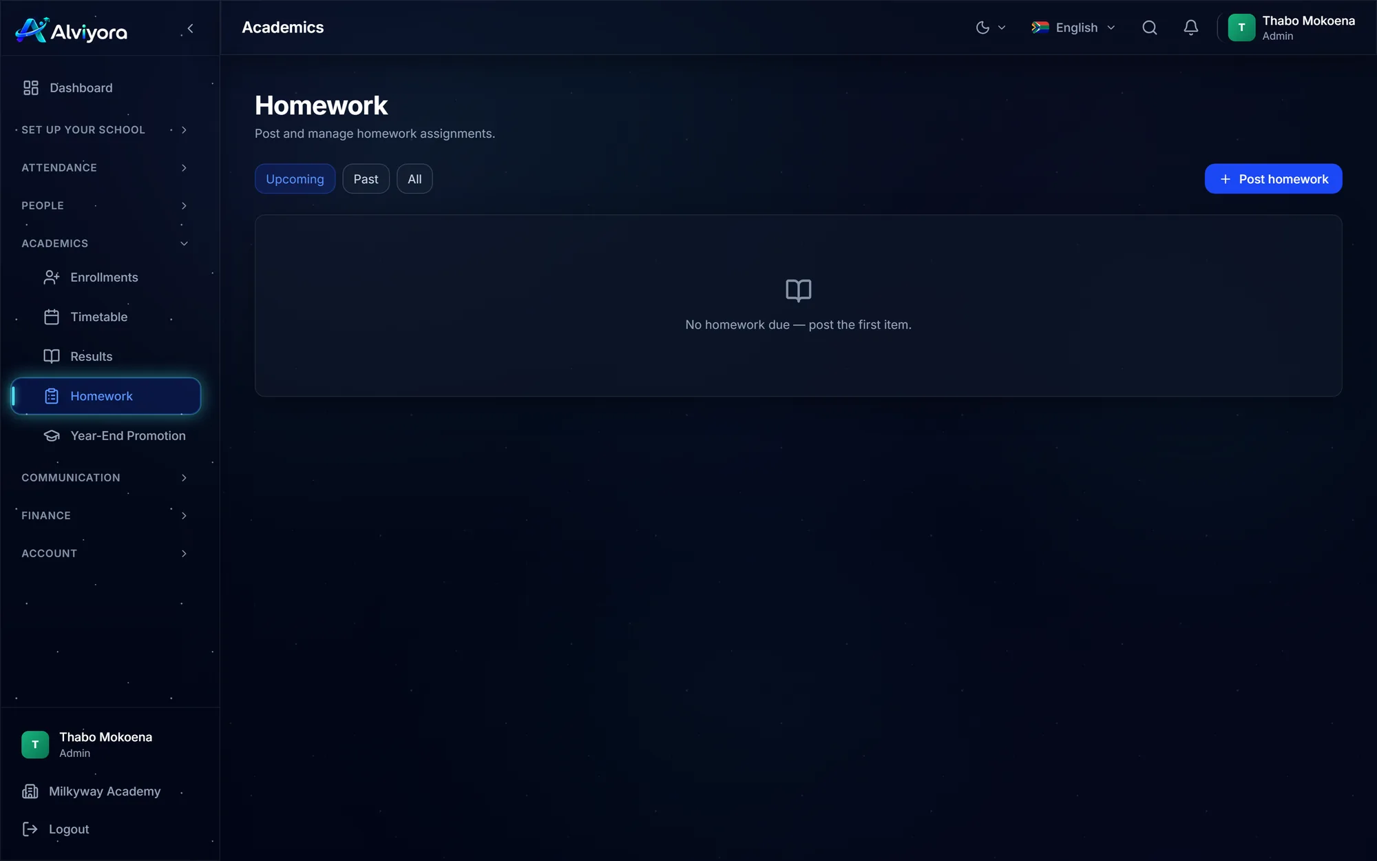 The Homework screen in dark mode, listing homework items by subject and due date