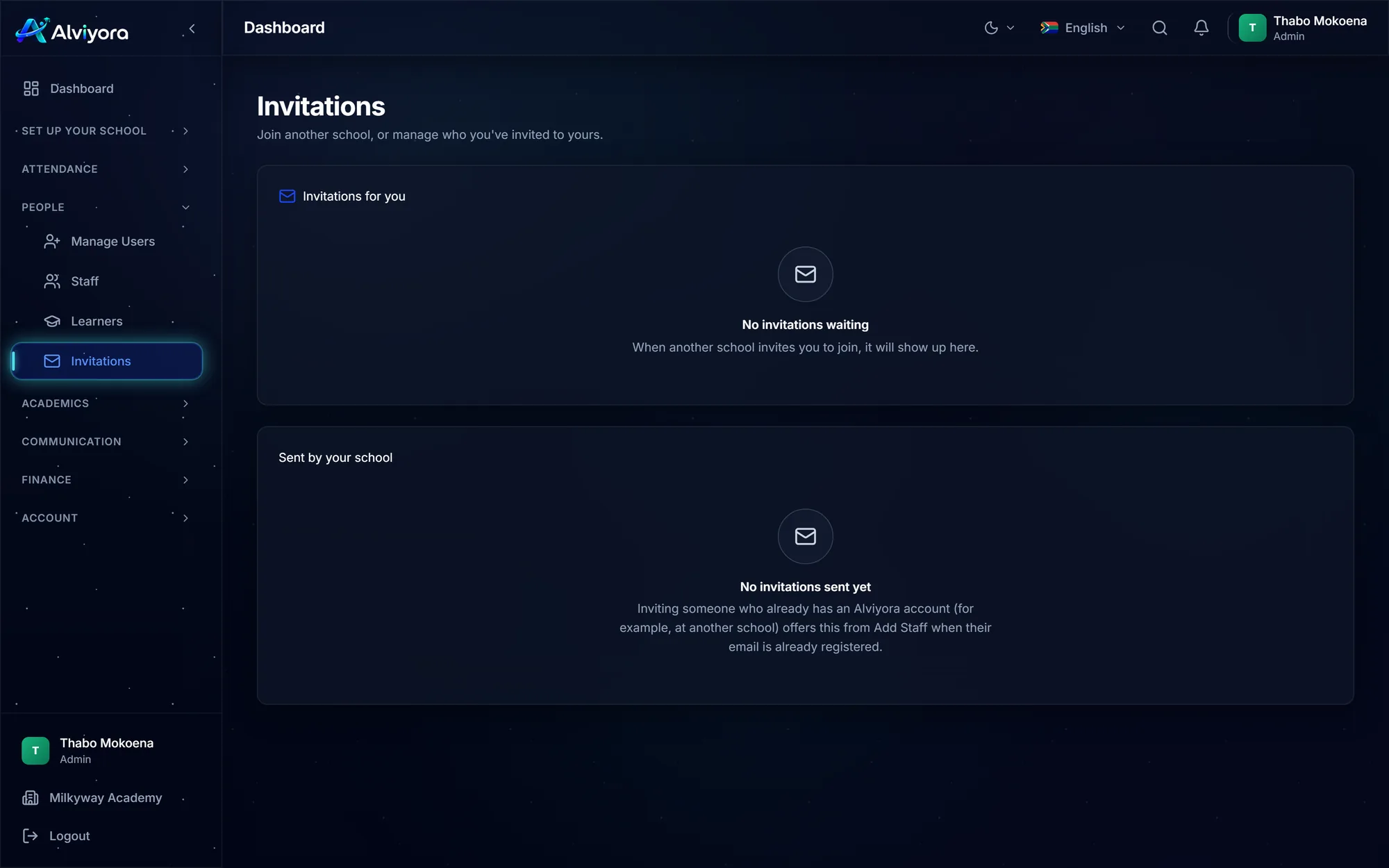 The Invitations screen showing invitations sent by the school and invitations addressed to the signed-in user