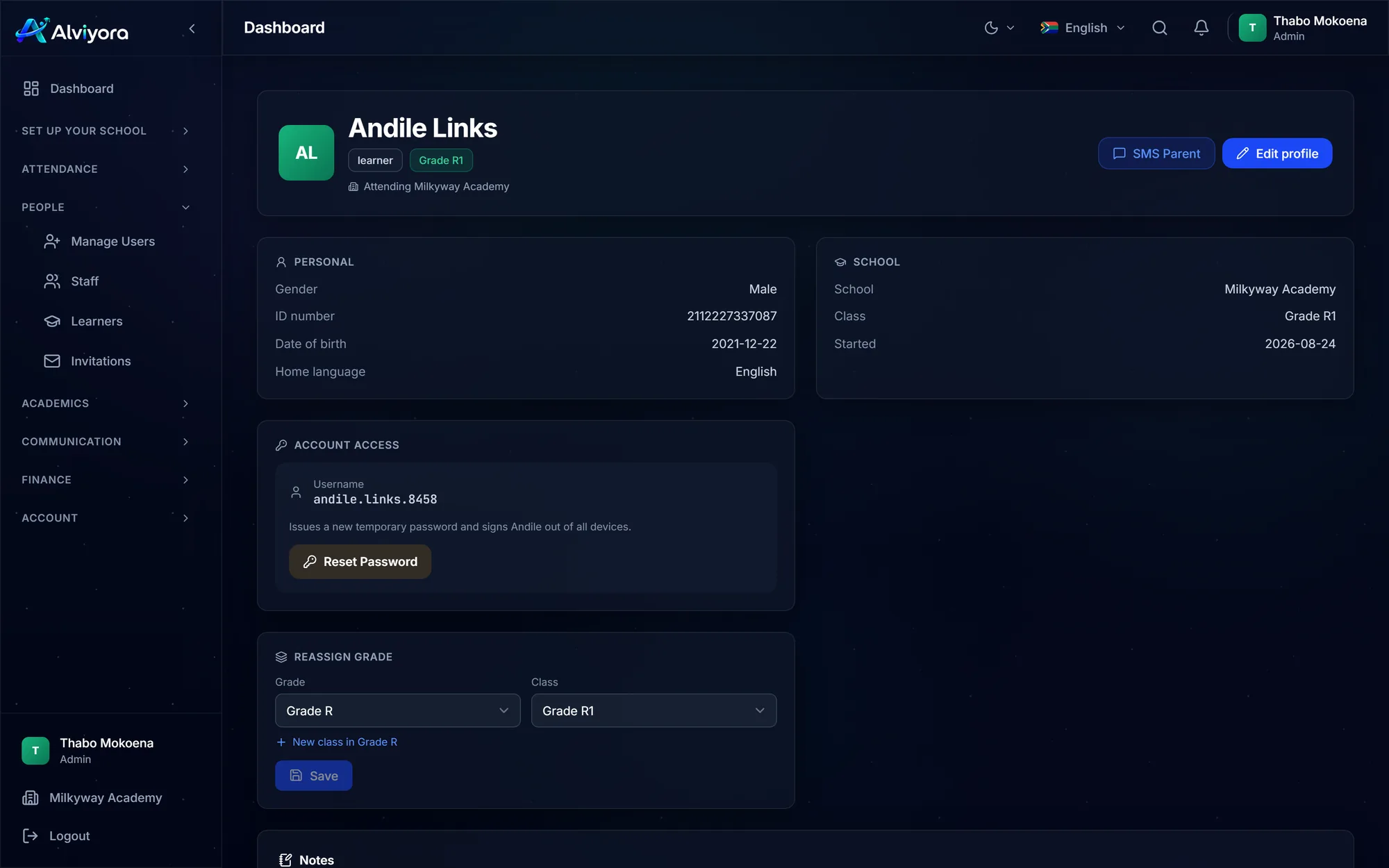 A learner profile: name, role and class at the top with SMS Parent and Edit profile buttons, then panels for Personal details, School, Account access with a username and Reset Password, and Reassign grade
