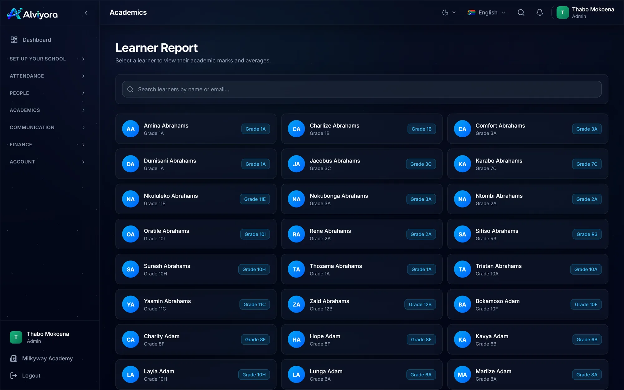 The Learner Report screen: a search field and a grid of learner cards, each with a name and their grade, to pick from