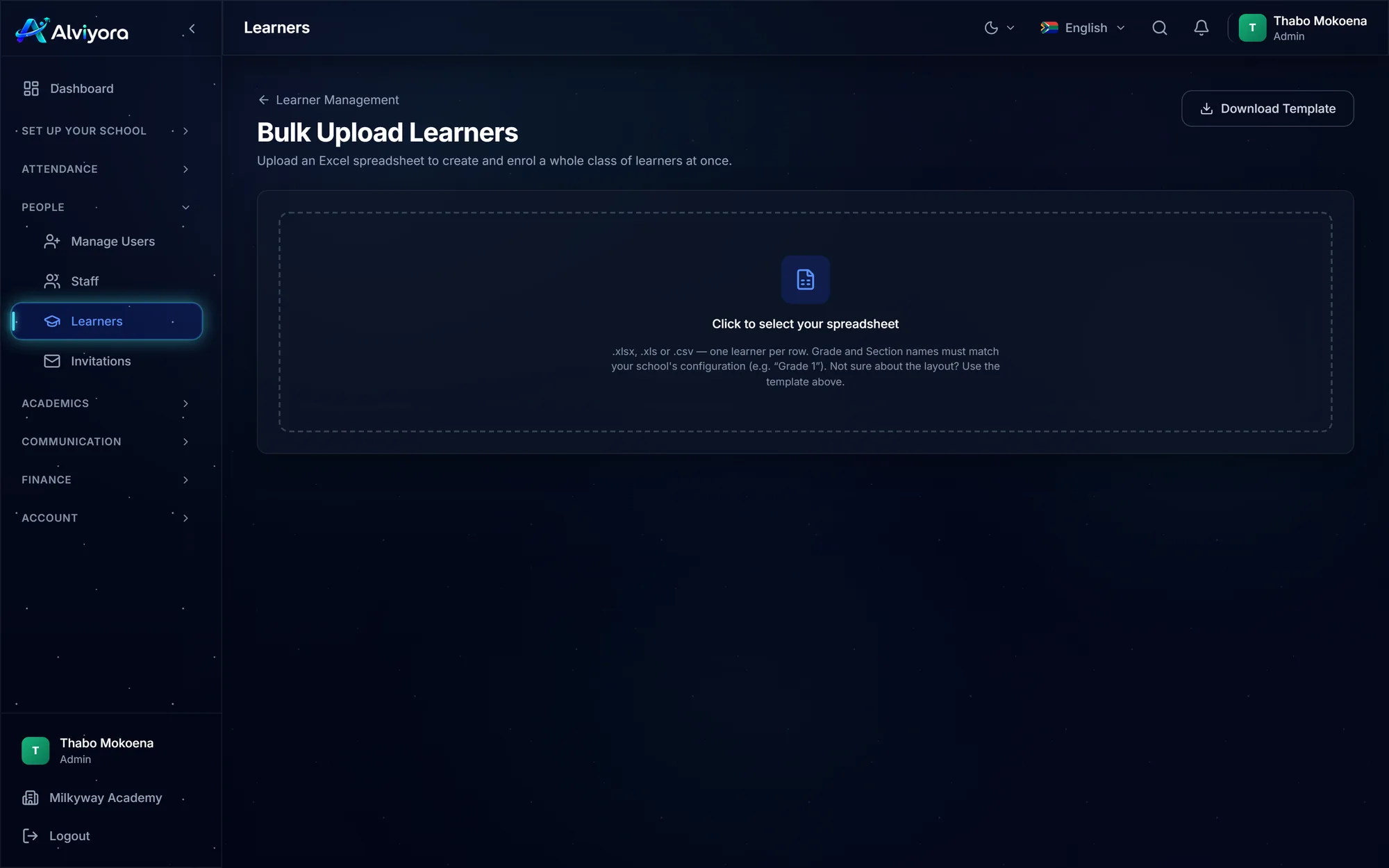 The Bulk Upload Learners screen: a Download Template button and a large drop zone reading Click to select your spreadsheet, accepting xlsx, xls or csv