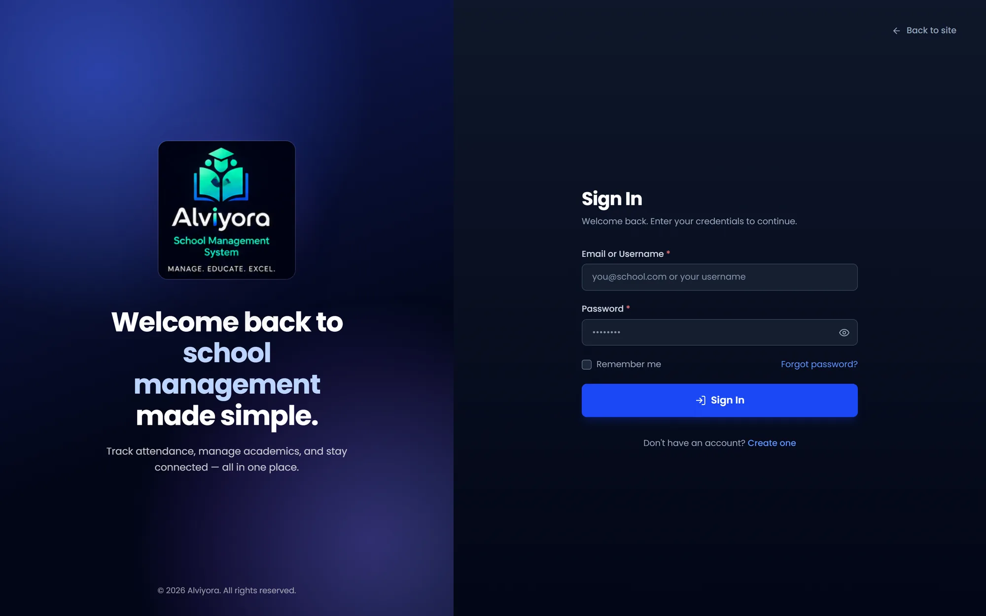 The Alviyora sign-in screen in dark mode: email and password fields, a Remember me tick box, and a forgot-password link