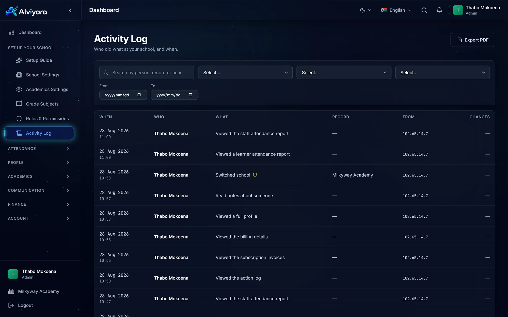 The Activity Log: a search field, three filter dropdowns, a date range, and a table with When, Who, What, Record, From and Changes columns listing actions with timestamps and IP addresses