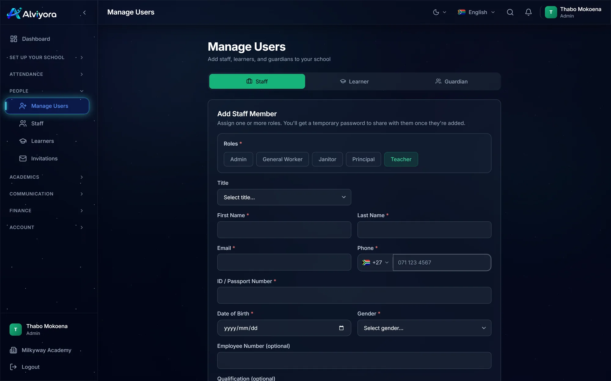 The Manage Users screen with Staff, Learner and Guardian tabs; the Staff tab shows a role picker with Admin, General Worker, Janitor, Principal and Teacher, and fields for name, email, phone, ID number and date of birth