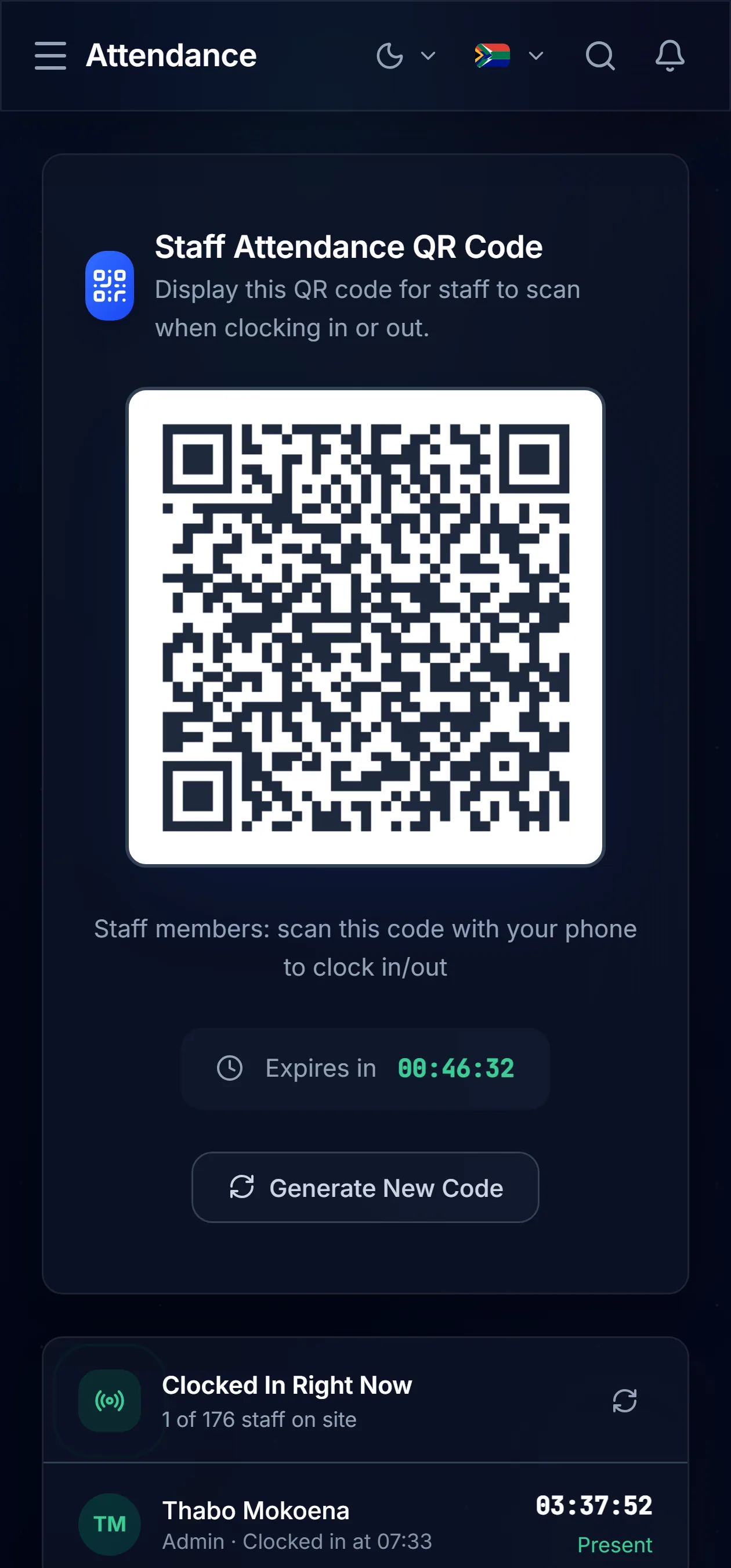 The attendance screen on a phone in dark mode, showing the clock in and out control