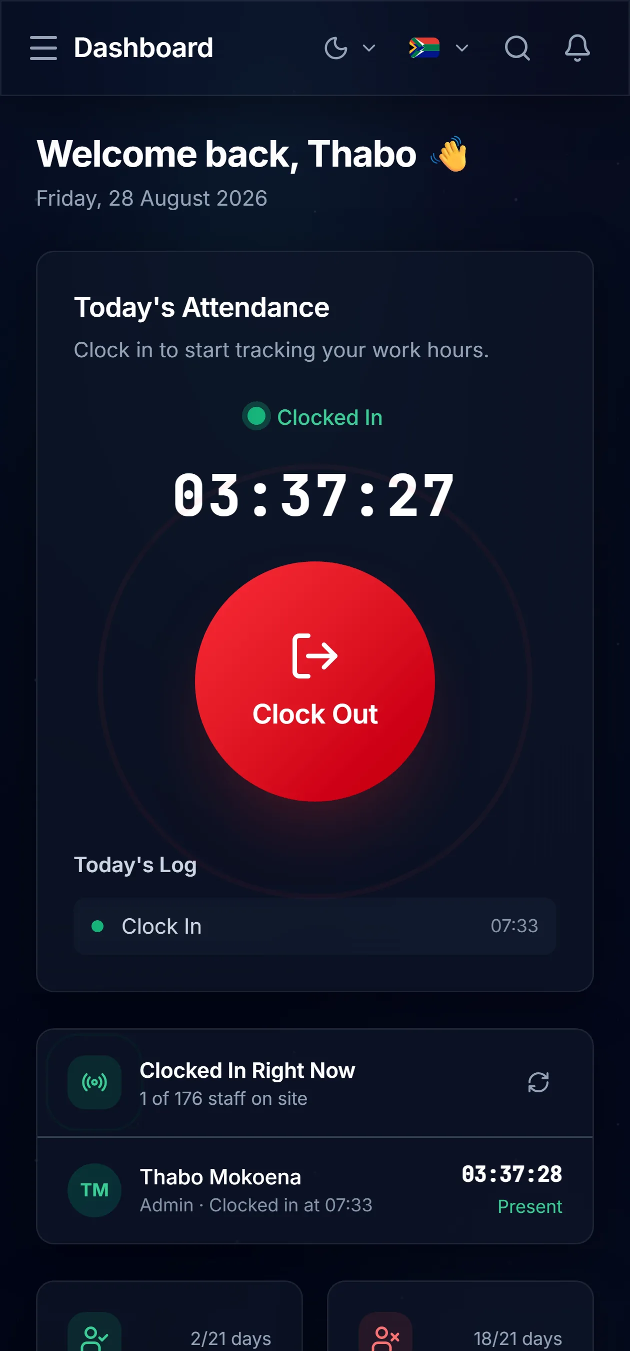 The Alviyora dashboard on a phone, in dark mode