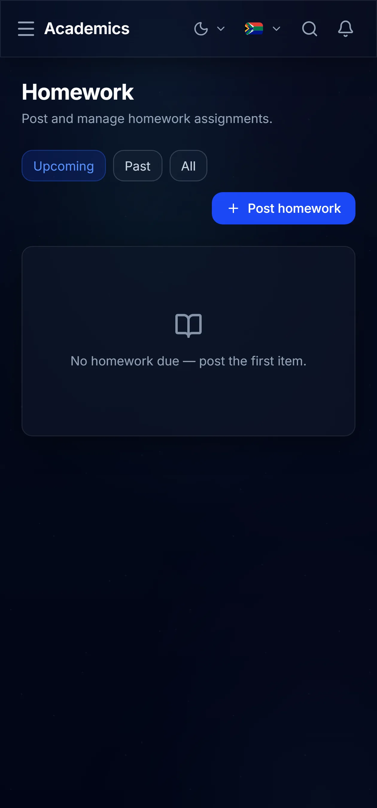 The homework list on a phone in dark mode