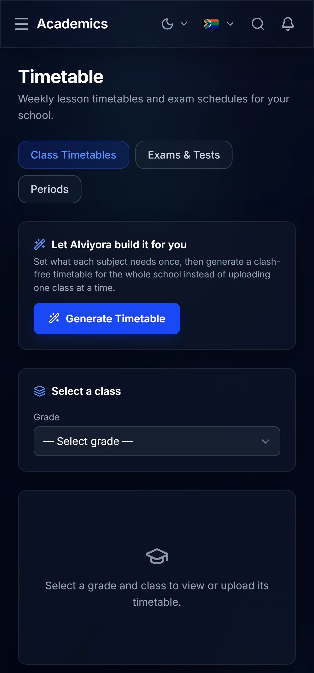 A timetable on a phone in dark mode