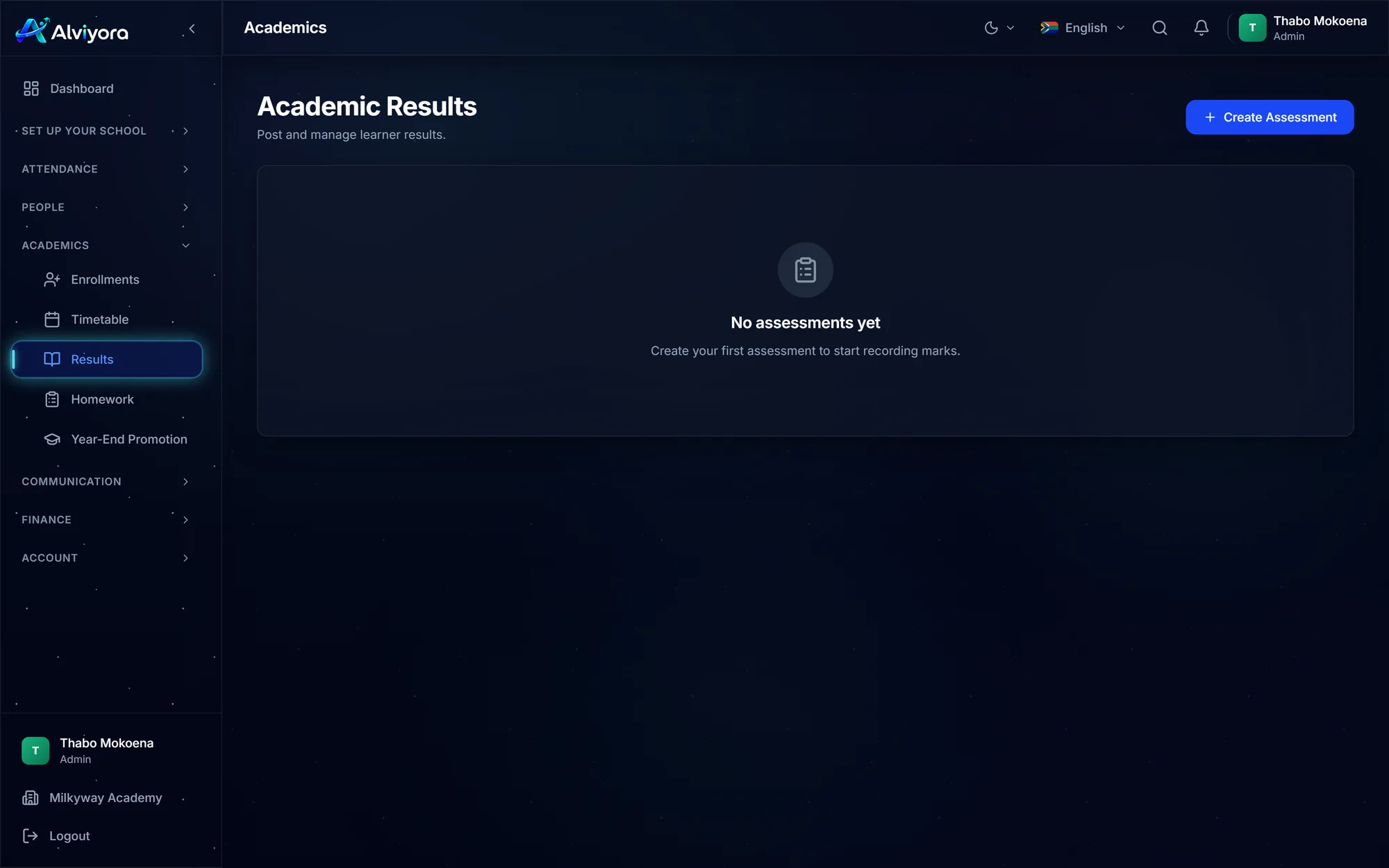 The Academic Results screen with a Create Assessment button and an empty state reading No assessments yet