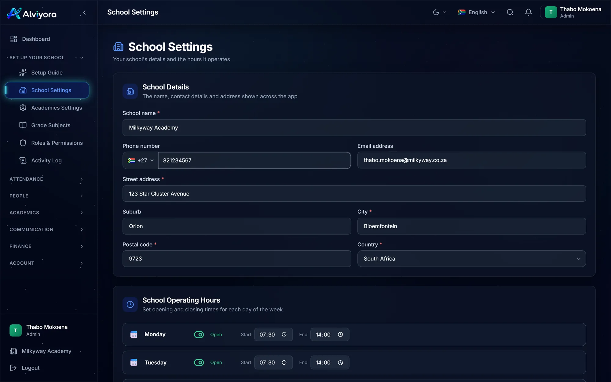 School Settings: School Details with name, phone, email and address fields, and School Operating Hours with an open toggle and start and end times for each weekday