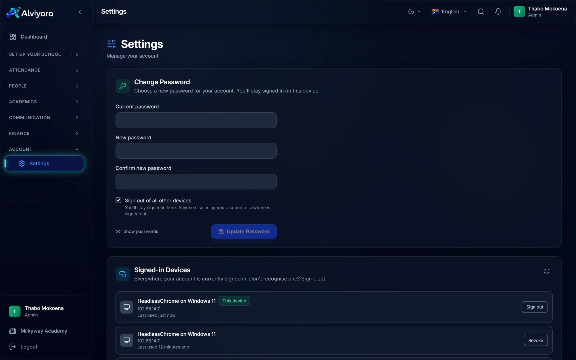 The personal settings screen in dark mode, showing profile details, language, theme and the list of signed-in devices