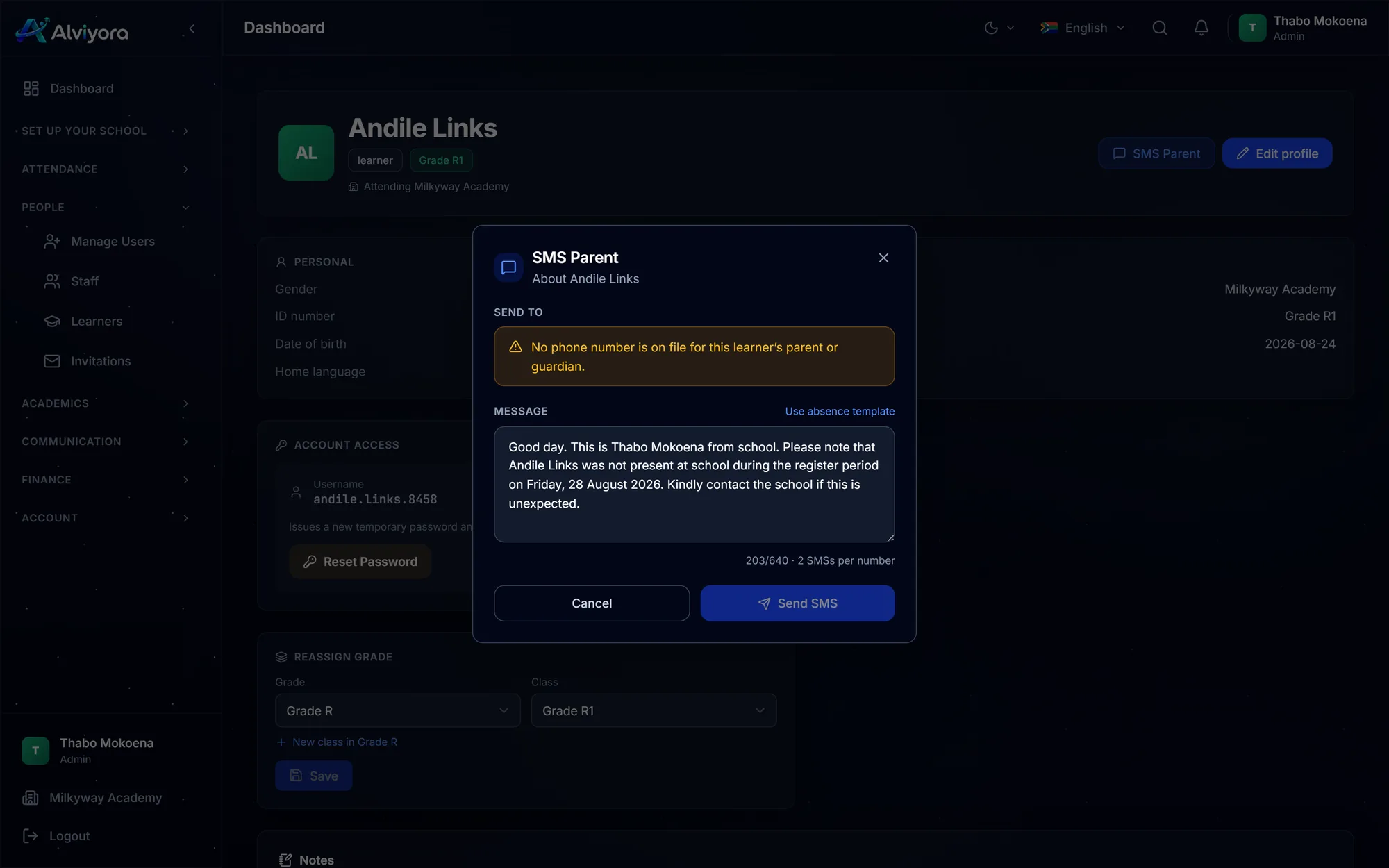 The SMS Parent dialog on a learner's profile: a Send To section, an absence template link, a message box containing a pre-filled absence message, and a counter reading 207/640 · 2 SMSs per number